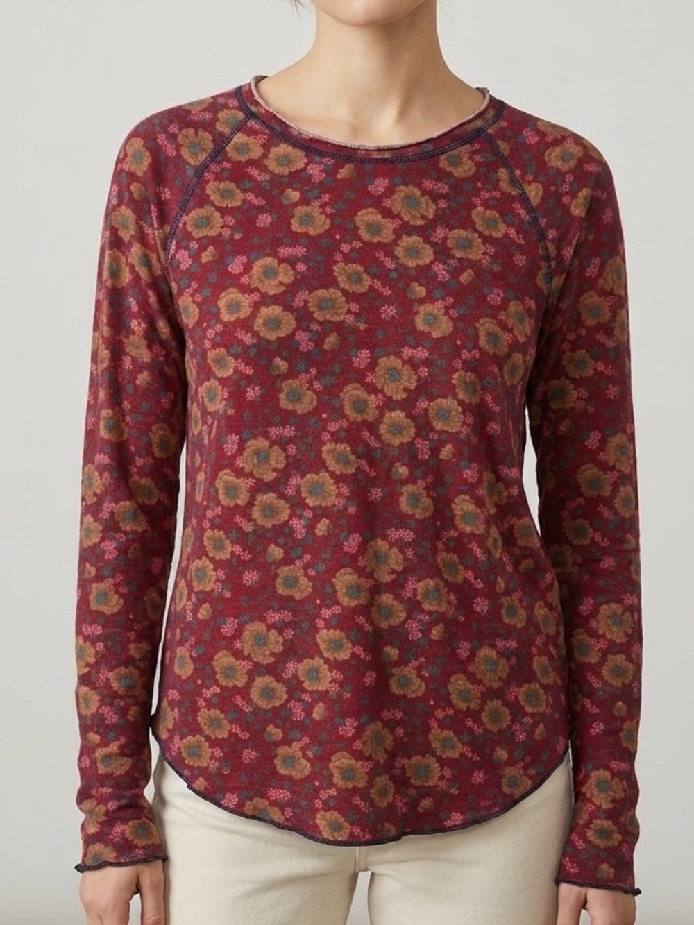 Natural Life Lily Long Sleeve Tee Cranberry Brown Floral Boho Cottagecore L